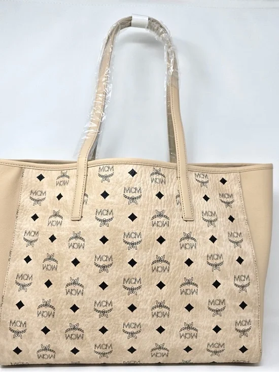 MCM Beige Logo-Print Leather Tote - Picture 2 of 7
